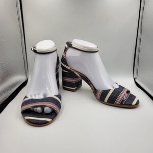 Sam Edelman Susie Striped Denim Ankle Strap Sandal Block Heel Sz 7.5